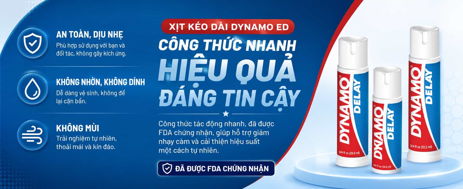 Dynamo Delay công thức tác động nhanh, an toàn dịu nhẹ, không nhờn, không mùi, đăng ký FDA