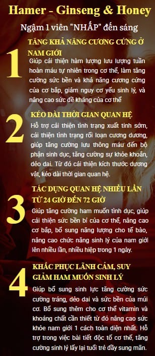 Thành phần và công dụng chính của kẹo sâm Hamer: nhân sâm, đông trùng, cà phê, sữa ong chúa, dâu tằm