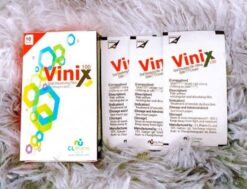 Tem ngậm Vinix chính hãng Hàn Quốc hộp và các gói tem trên nền lông trắng - Nhà thuốc Trung Thắng