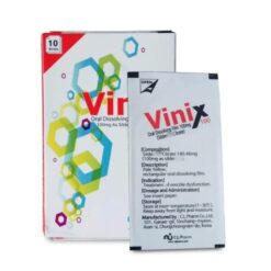 Tem ngậm Vinix chính hãng Hàn Quốc hộp đứng cạnh gói tem ghi thành phần - Nhà thuốc Trung Thắng