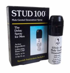 Hộp và chai xịt Stud 100 chính hãng Anh Quốc đặt đứng cạnh nhau - Nhà thuốc Trung Thắng