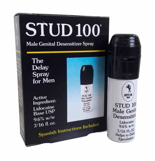 Hộp và chai xịt Stud 100 chính hãng Anh Quốc đặt đứng cạnh nhau - Nhà thuốc Trung Thắng